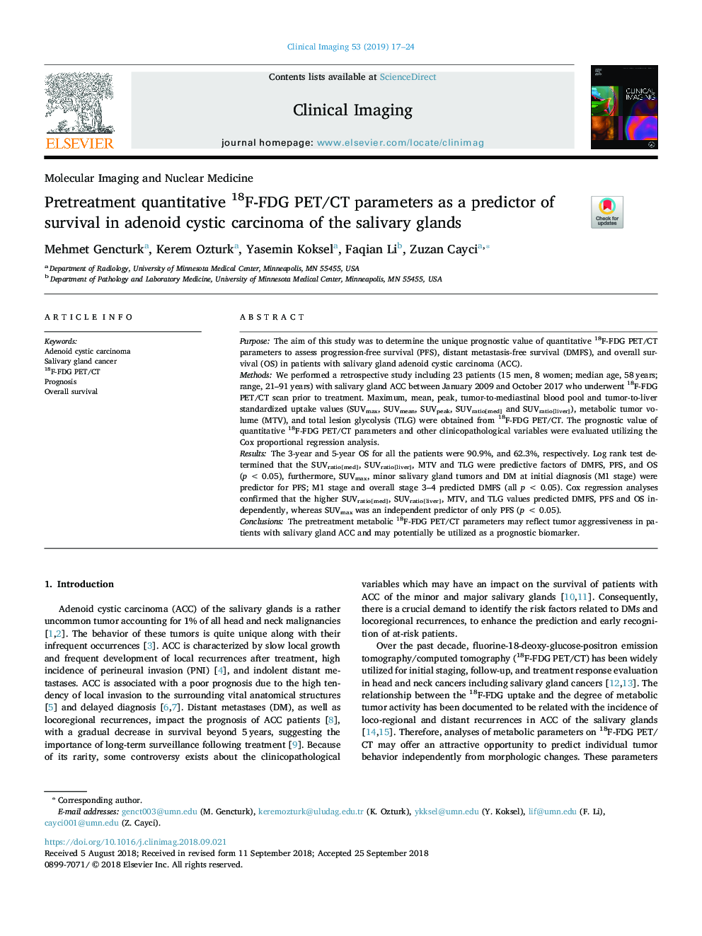 Pretreatment quantitative 18F-FDG PET/CT parameters as a predictor of survival in adenoid cystic carcinoma of the salivary glands