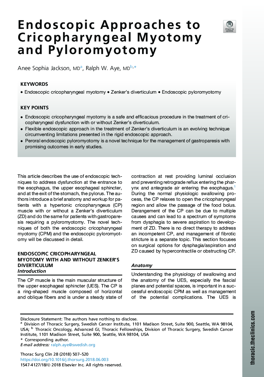 Endoscopic Approaches to Cricopharyngeal Myotomy and Pyloromyotomy