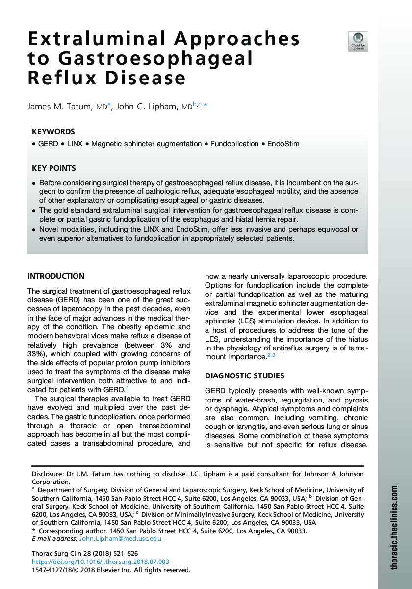 Extraluminal Approaches to Gastroesophageal Reflux Disease