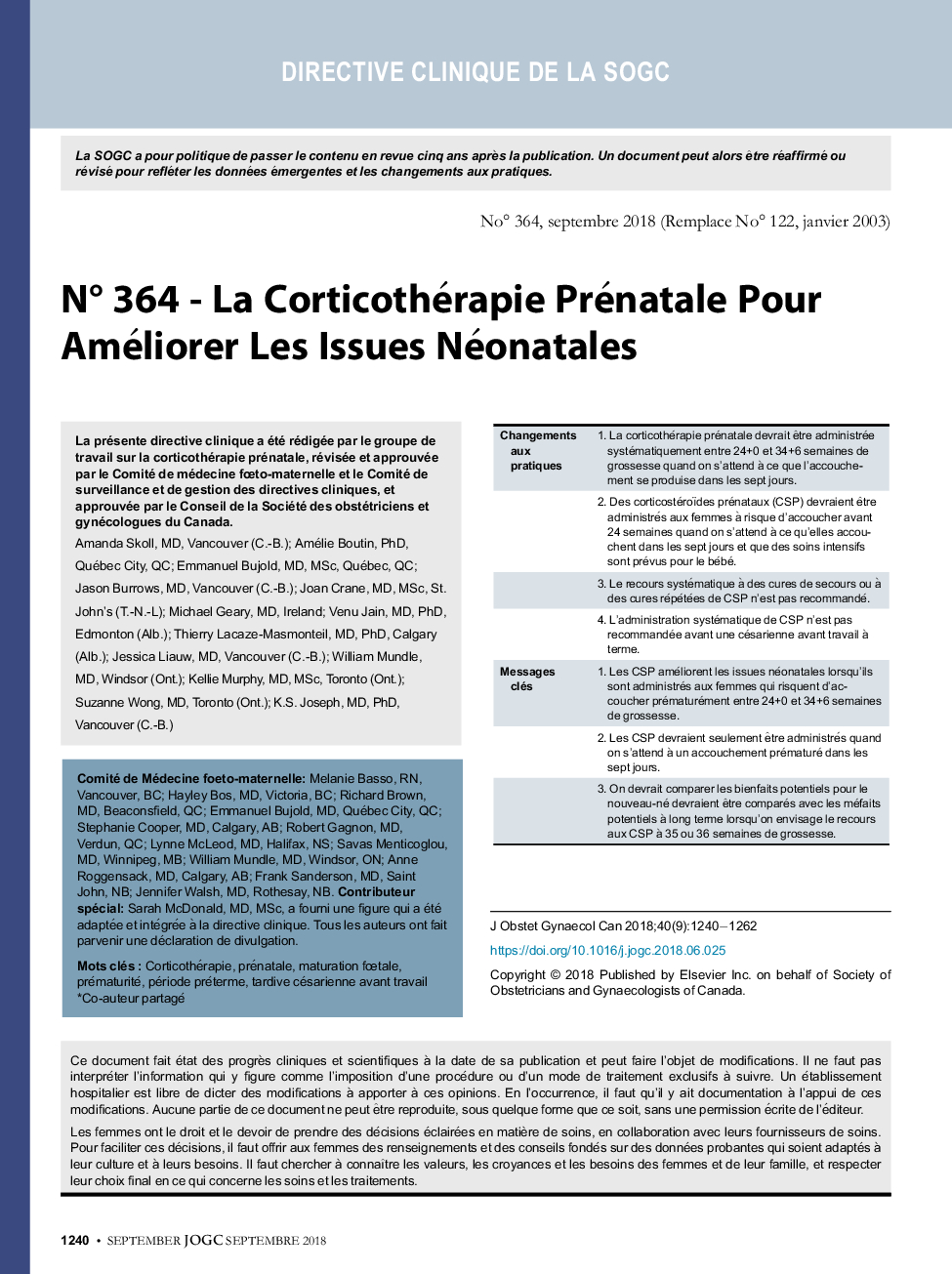 NÂ° 364 - La Corticothérapie Prénatale Pour Améliorer Les Issues Néonatales