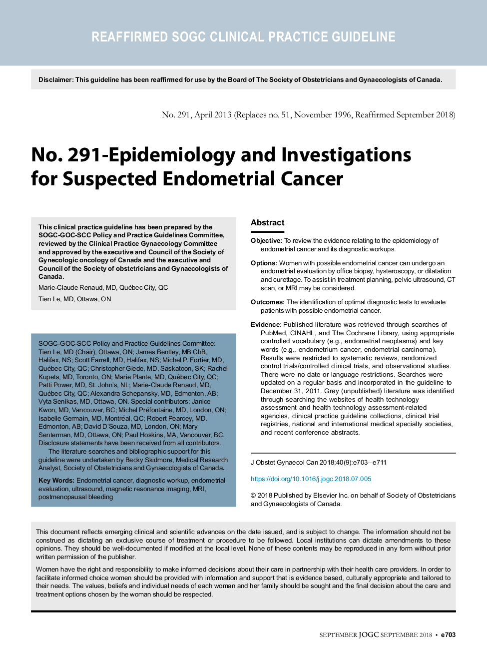 No. 291-Epidemiology and Investigations forSuspected Endometrial Cancer