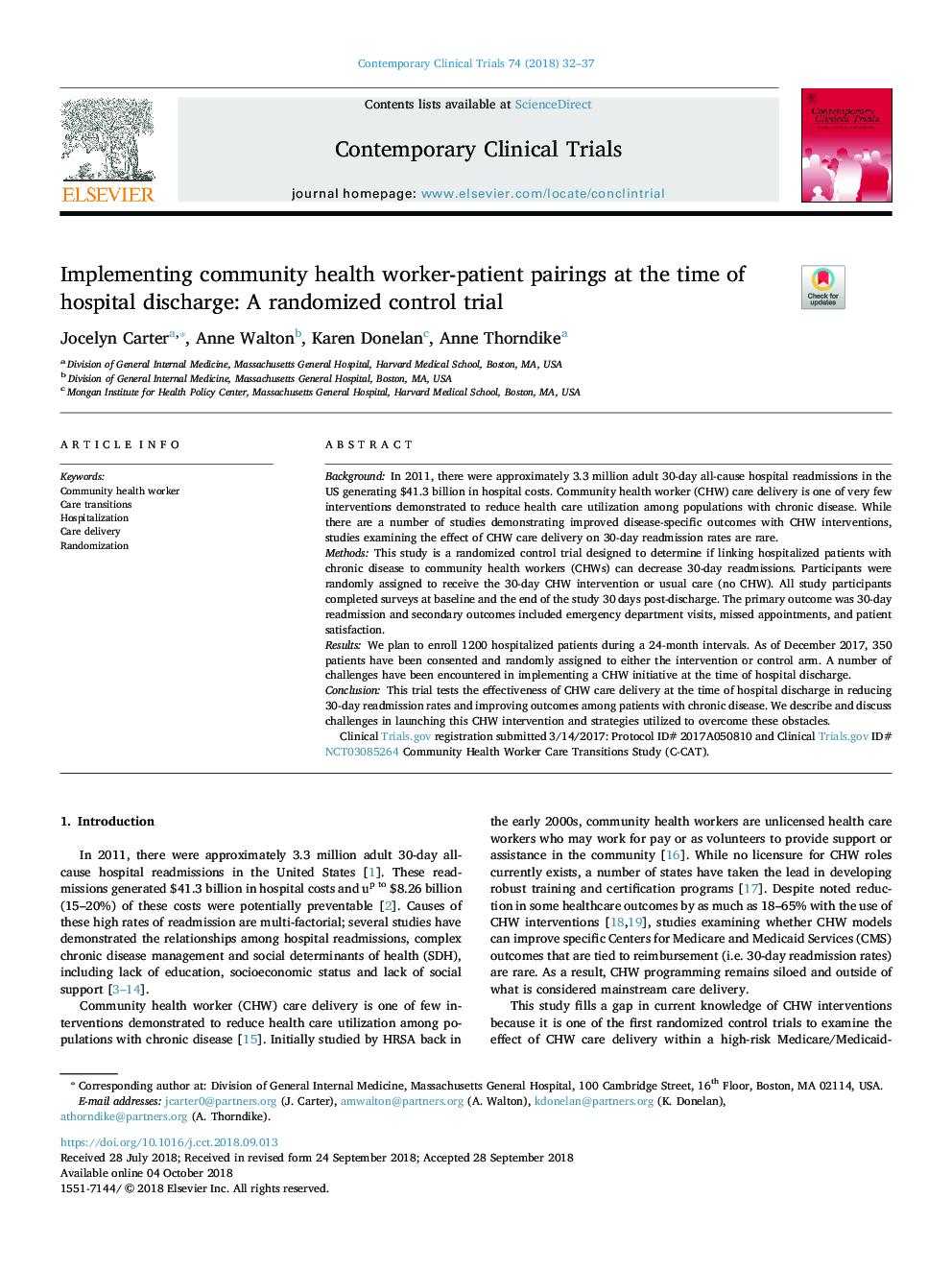 Implementing community health worker-patient pairings at the time of hospital discharge: A randomized control trial