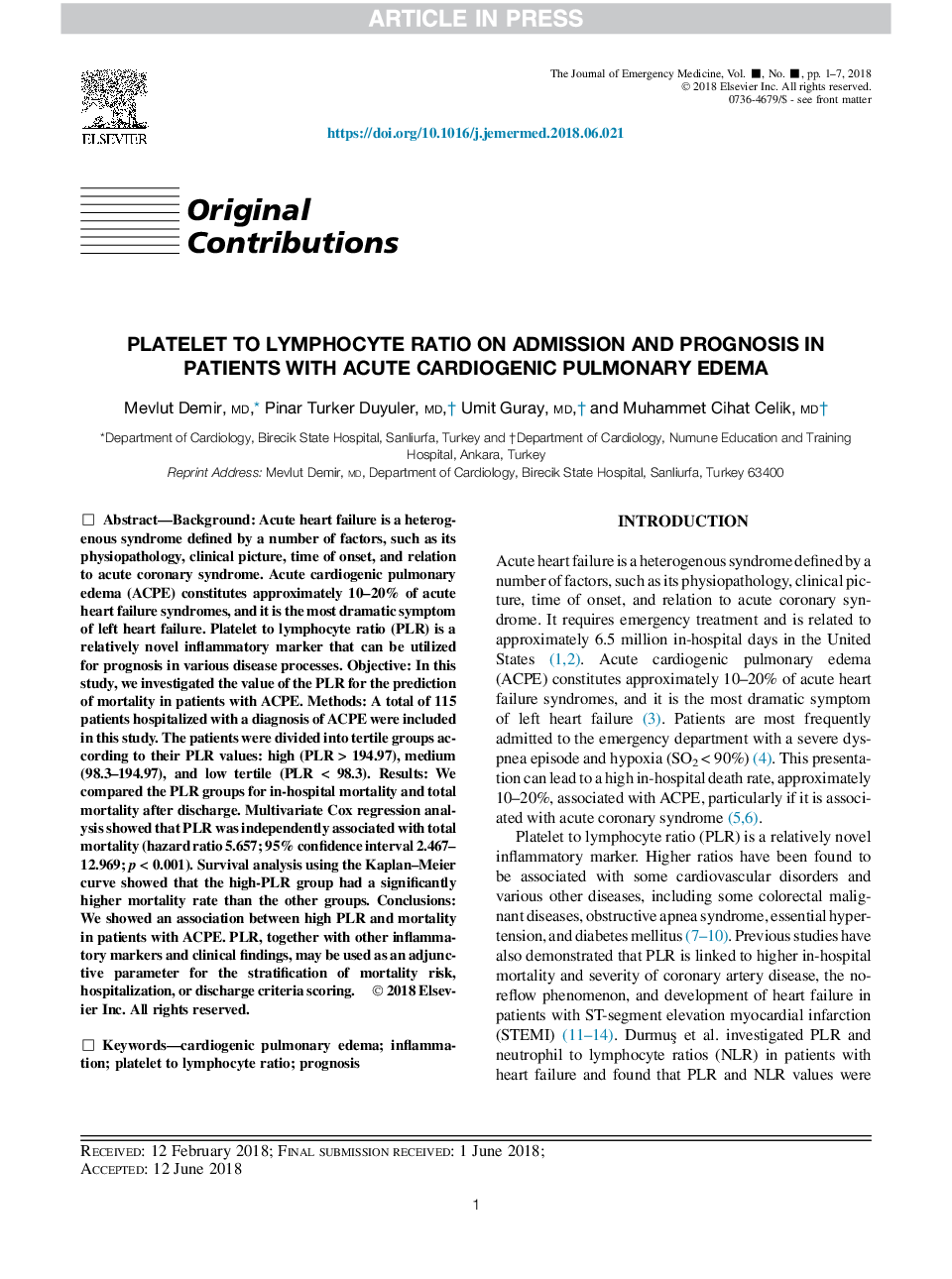 Platelet to Lymphocyte Ratio on Admission and Prognosis in Patients with Acute Cardiogenic Pulmonary Edema