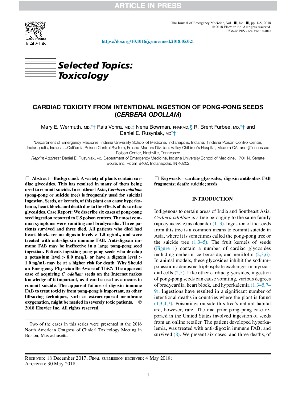 Cardiac Toxicity from Intentional Ingestion of Pong-Pong Seeds (Cerbera Odollam)