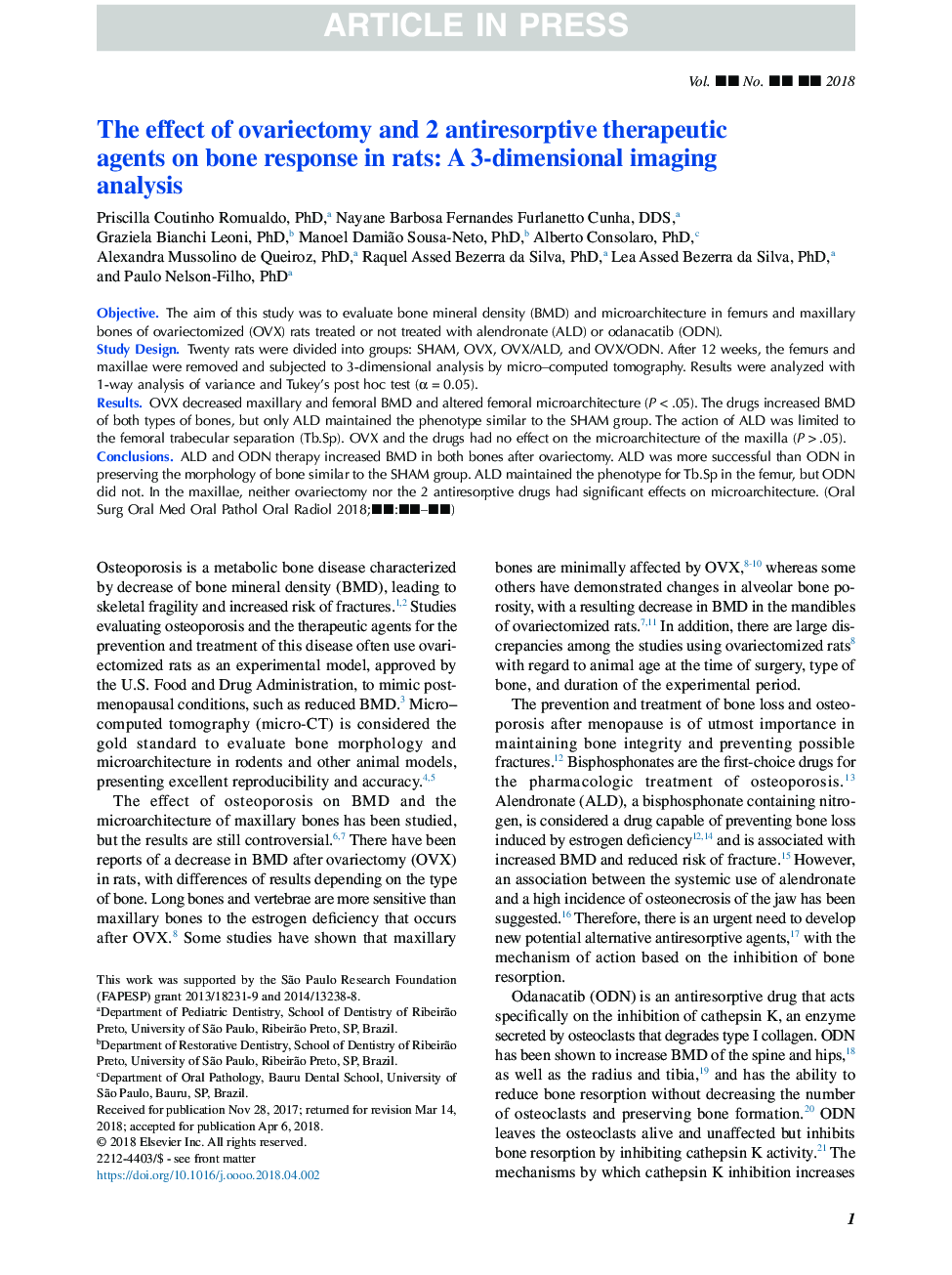 The effect of ovariectomy and 2 antiresorptive therapeutic agents on bone response in rats: A 3-dimensional imaging analysis