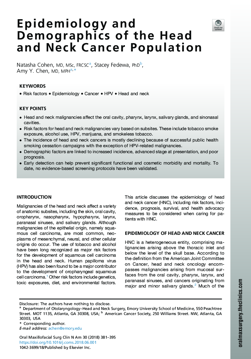 Epidemiology and Demographics of the Head and Neck Cancer Population