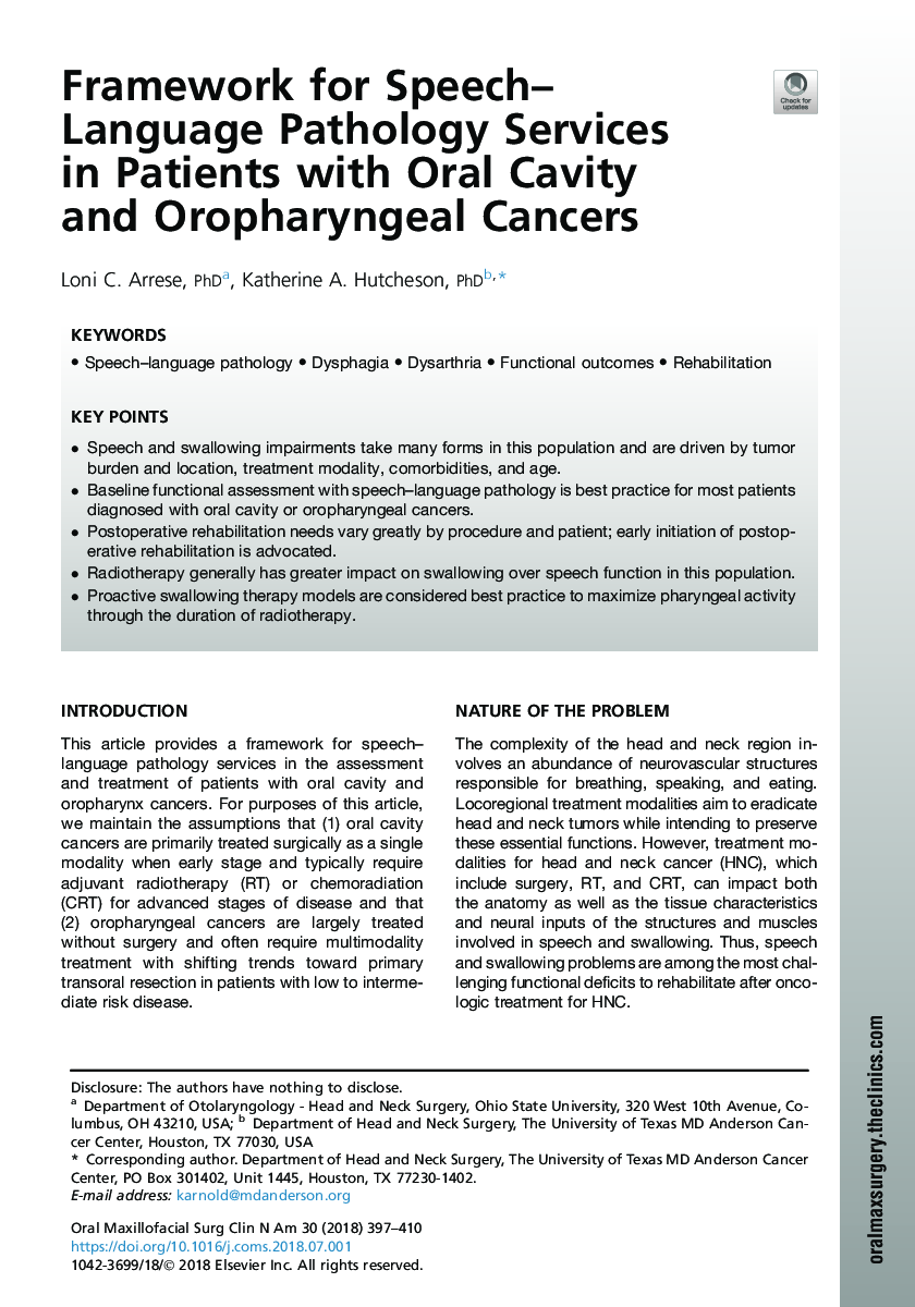 Framework for Speech-Language Pathology Services in Patients with Oral Cavity andÂ Oropharyngeal Cancers