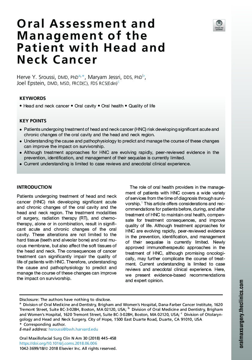 Oral Assessment and Management of the Patient with Head and Neck Cancer