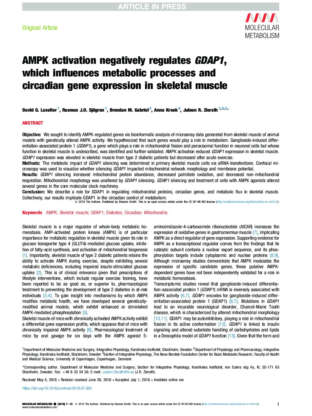 AMPK activation negatively regulates GDAP1, which influences metabolic processes and circadian gene expression in skeletal muscle