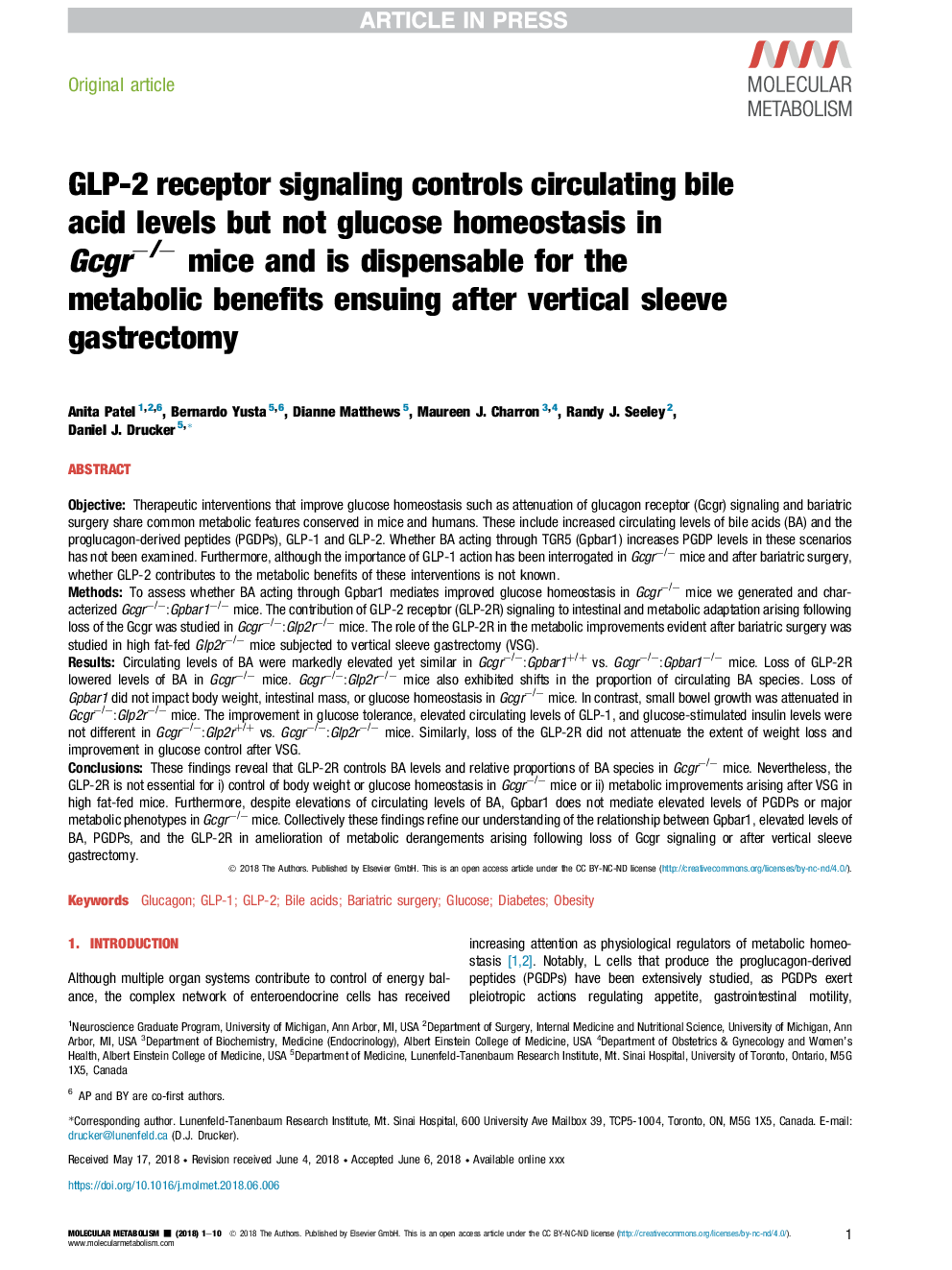 GLP-2 receptor signaling controls circulating bile acid levels but not glucose homeostasis in Gcgrâ/â mice and is dispensable for the metabolic benefits ensuing after vertical sleeve gastrectomy