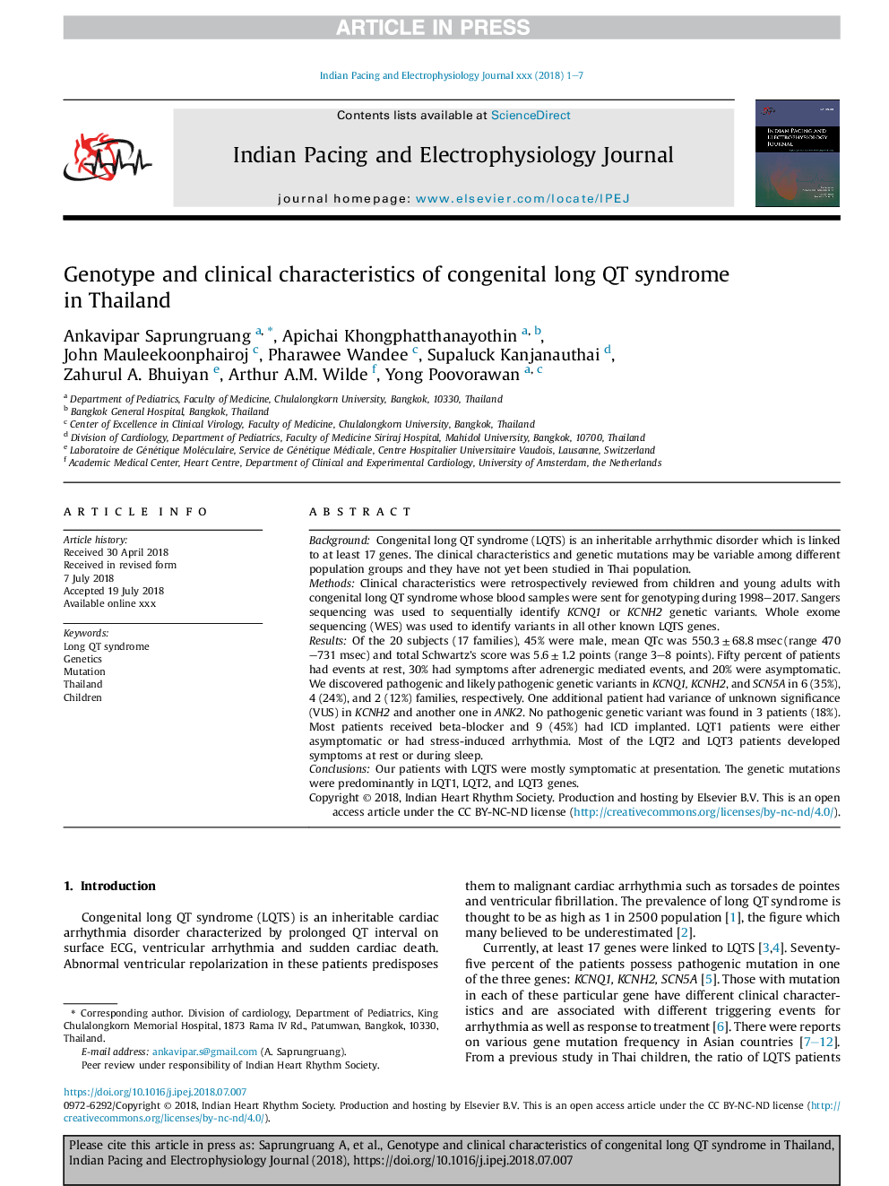 Genotype and clinical characteristics of congenital long QT syndrome in Thailand