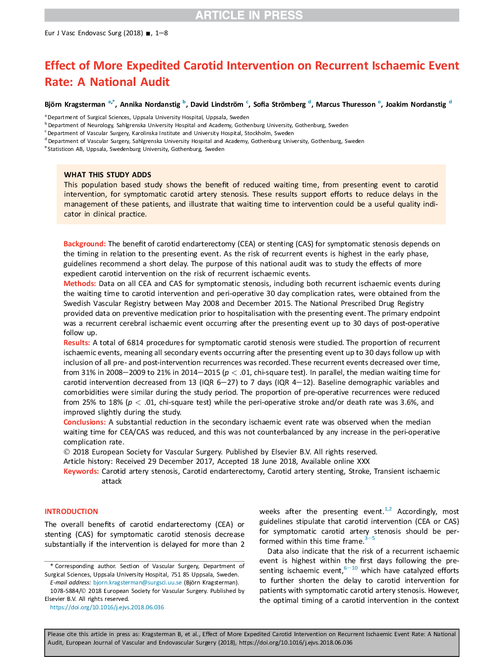 انتخاب سردبیر - تأثیر مداخلات کاردیوئی پیشرفته تر بر میزان رویداد عود کننده عود کننده: یک حسابرسی ملی