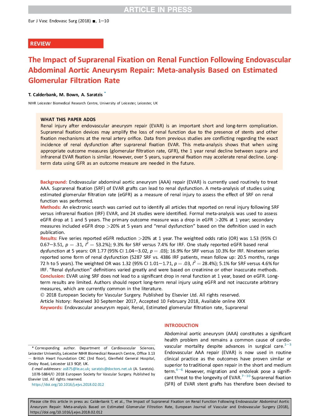 The Impact of Suprarenal Fixation on Renal Function Following Endovascular Abdominal Aortic Aneurysm Repair: Meta-analysis Based on Estimated Glomerular Filtration Rate