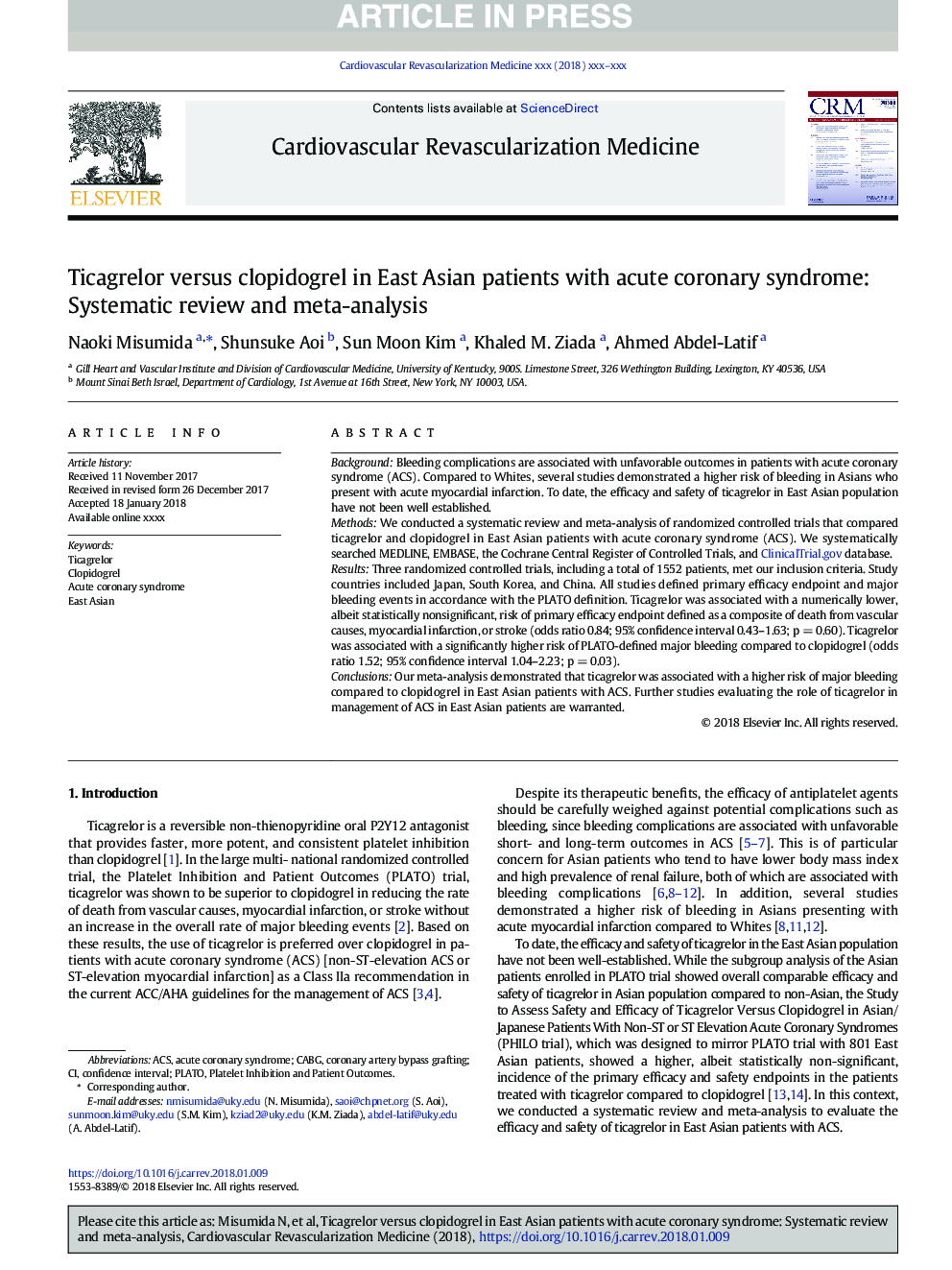 Ticagrelor versus clopidogrel in East Asian patients with acute coronary syndrome: Systematic review and meta-analysis