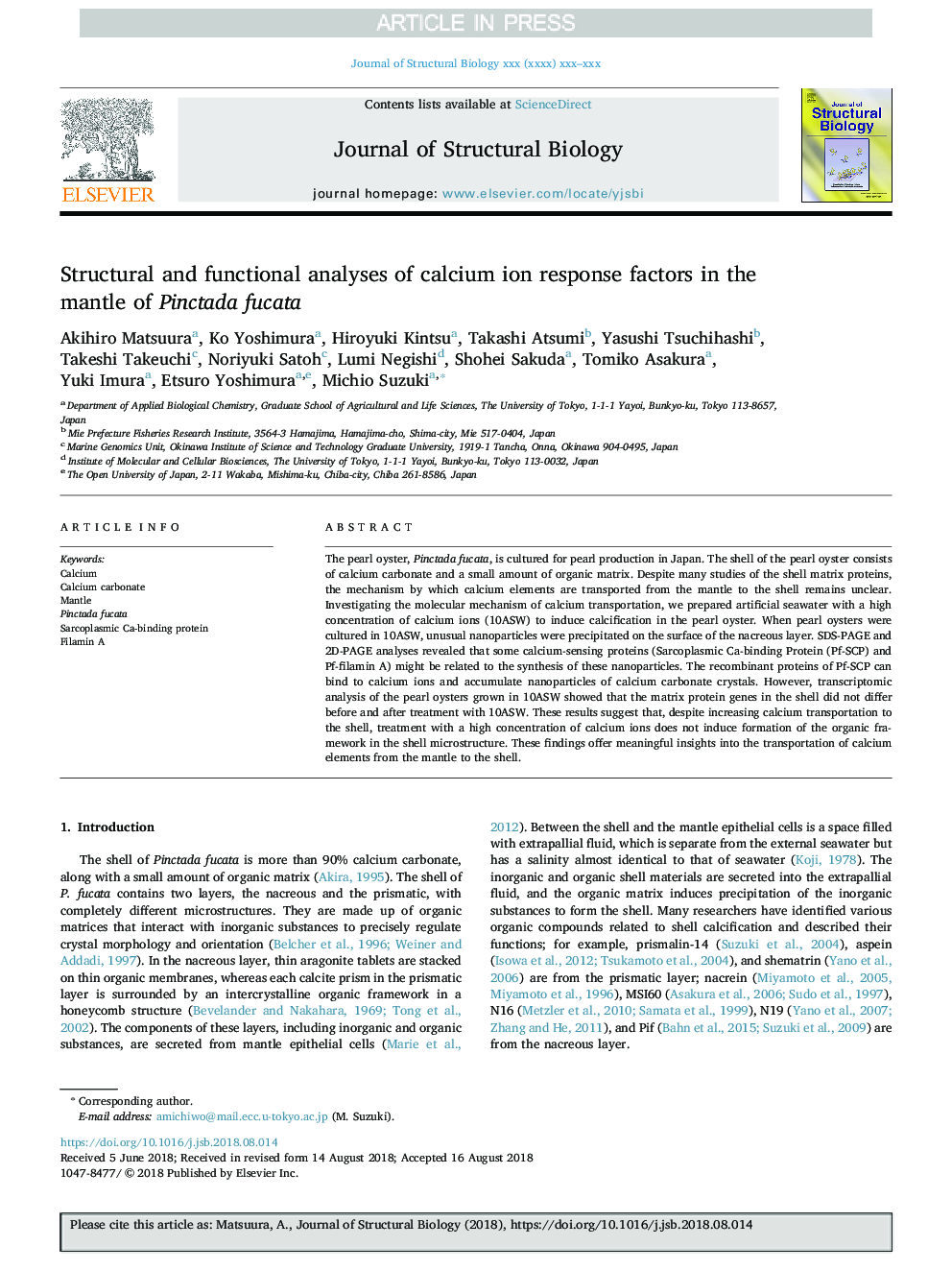 Structural and functional analyses of calcium ion response factors in the mantle of Pinctada fucata