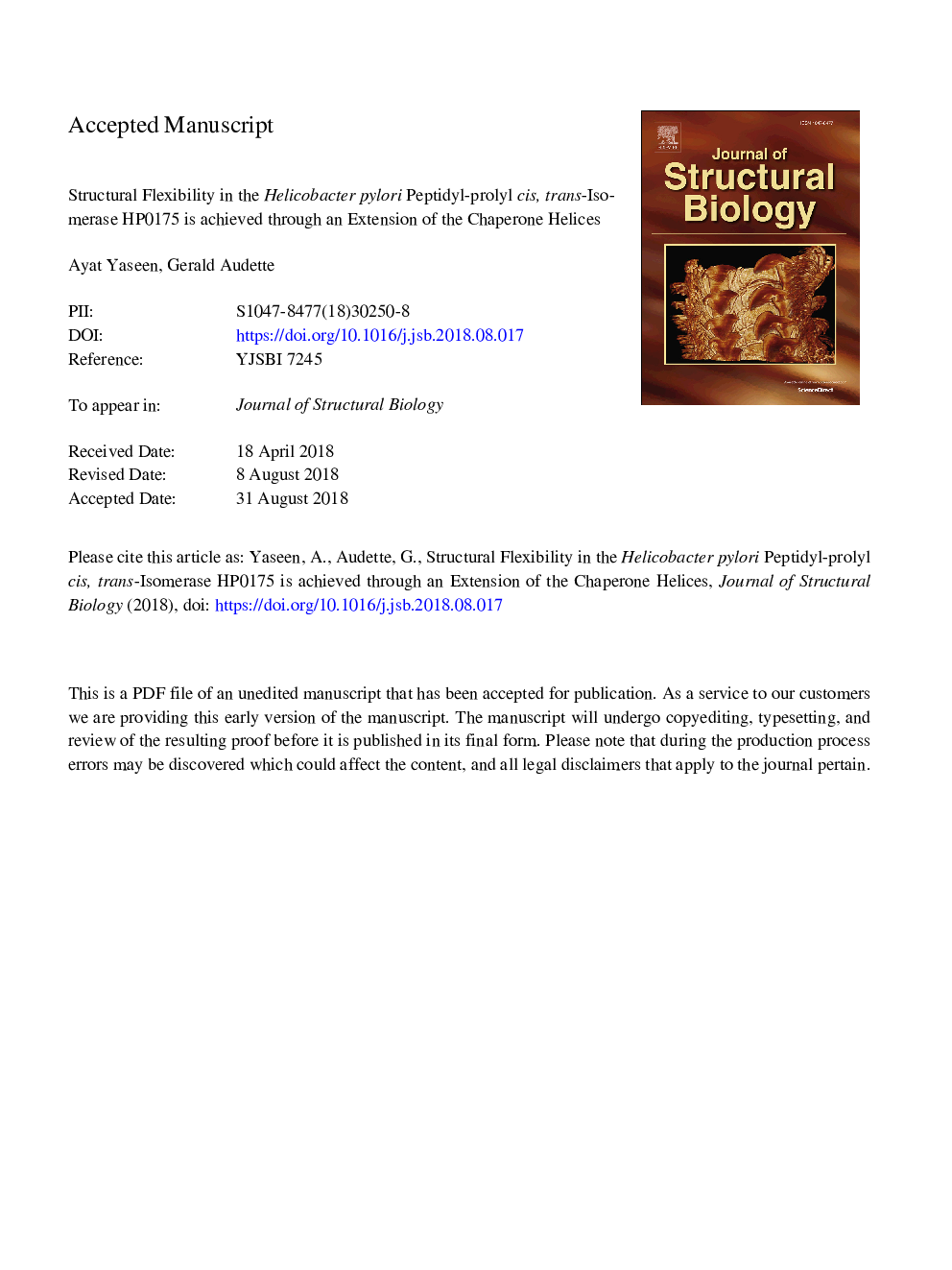 Structural flexibility in the Helicobacter pylori peptidyl-prolyl cis,trans-isomerase HP0175 is achieved through an extension of the chaperone helices