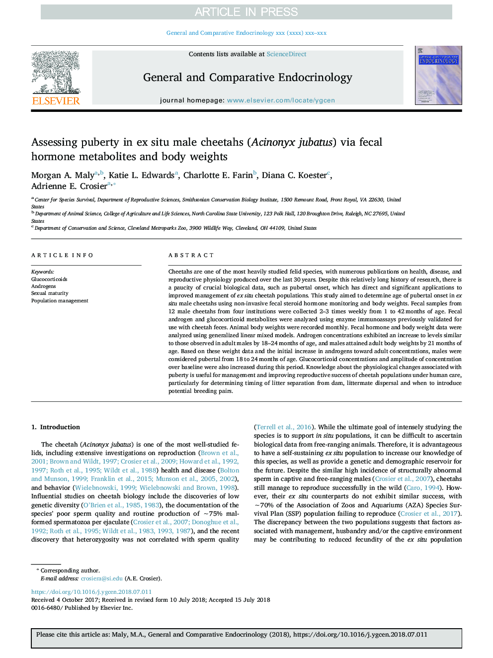 Assessing puberty in ex situ male cheetahs (Acinonyx jubatus) via fecal hormone metabolites and body weights