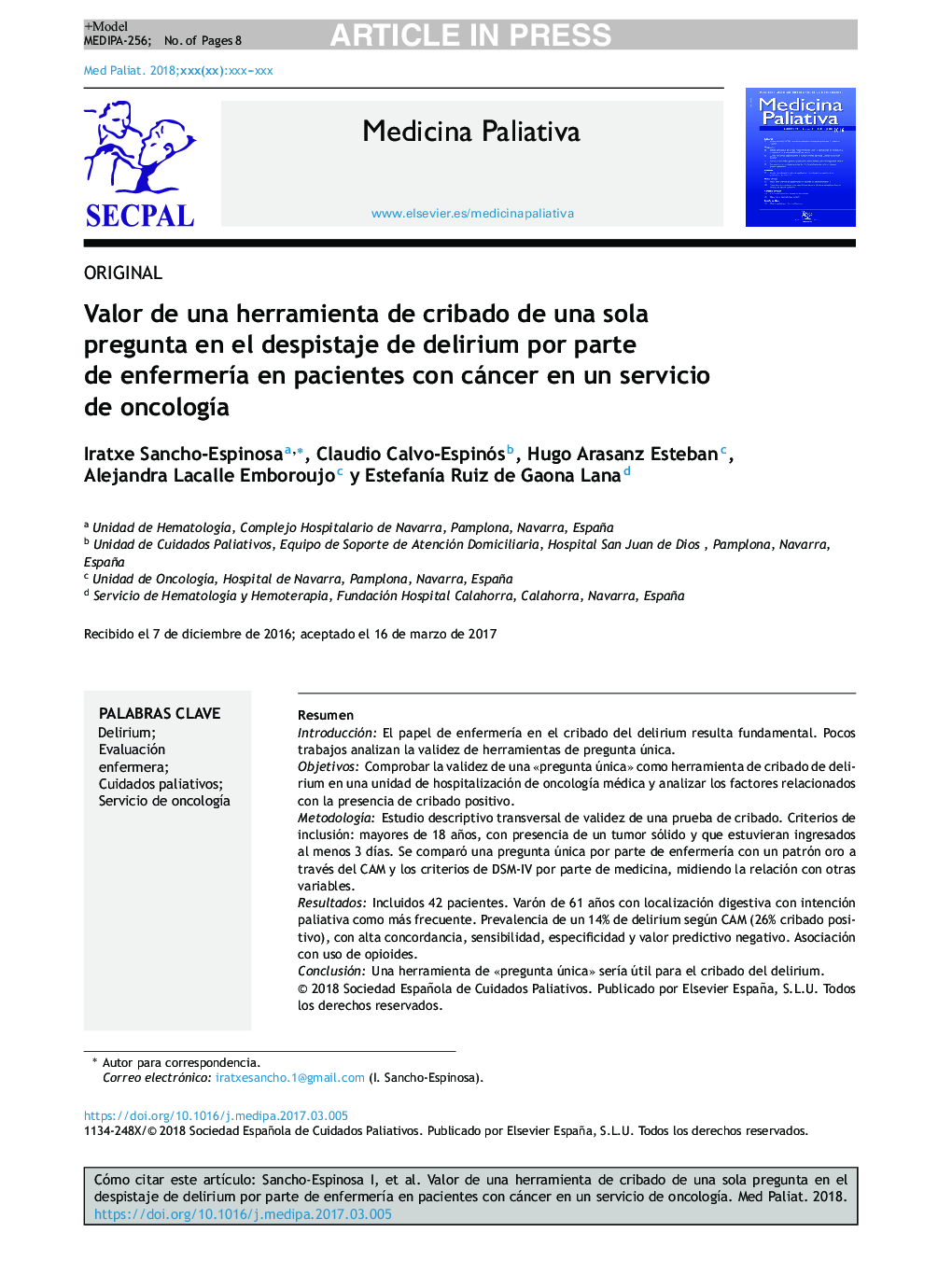 Valor de una herramienta de cribado de una sola pregunta en el despistaje de delirium por parte de enfermerÃ­a en pacientes con cáncer en un servicio de oncologÃ­a