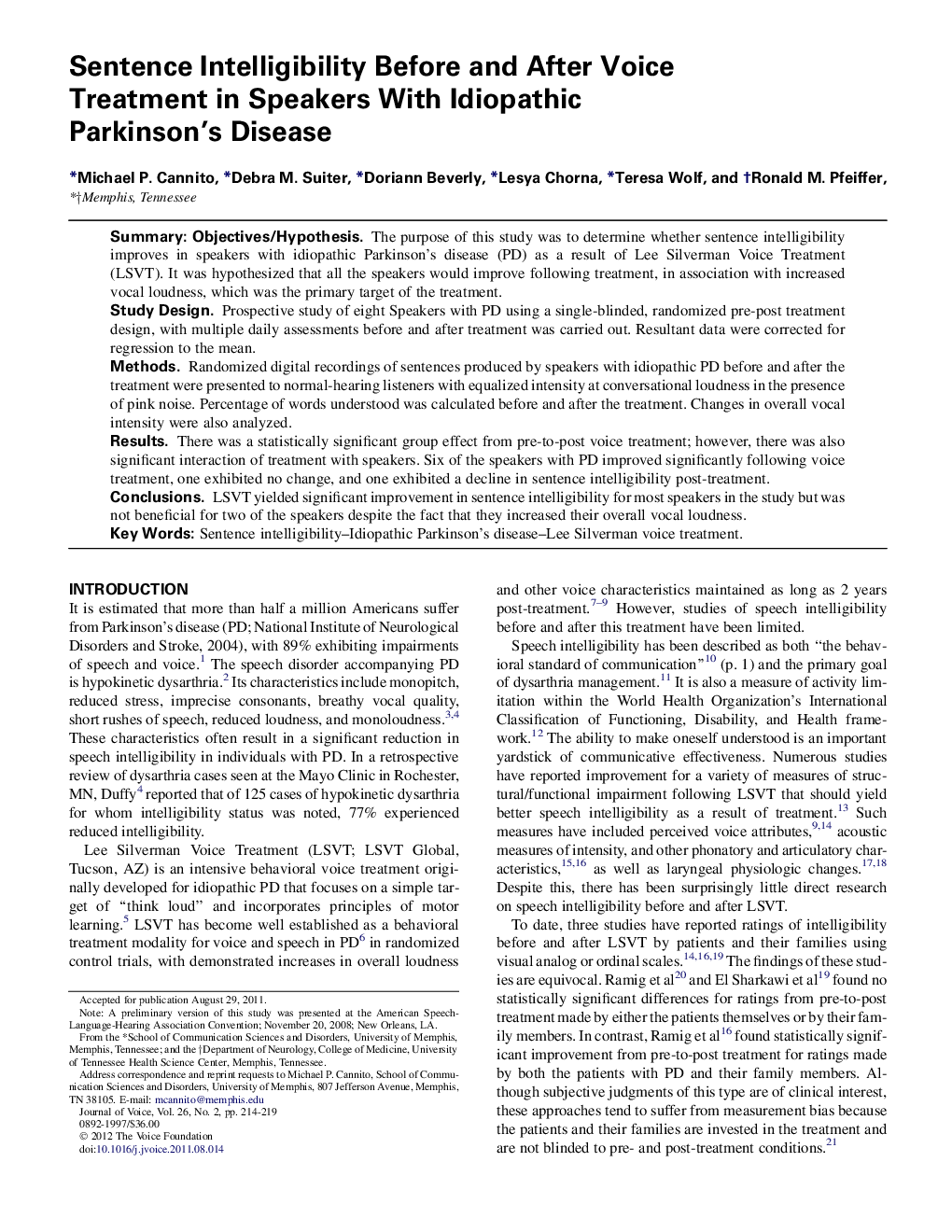 Sentence Intelligibility Before and After Voice Treatment in Speakers With Idiopathic Parkinson’s Disease