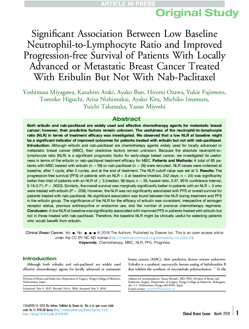 ارتباط قابل ملاحظه ای بین نسبت نوتروفیل به لنفوسیت با پایه پایین و بهبودی بدون بقای پیشرفت در بیماران مبتلا به سرطان پستان پیشرفته یا متاستاتیک درمان شده با اریبولین، اما با ناب-پلاکتیکسل