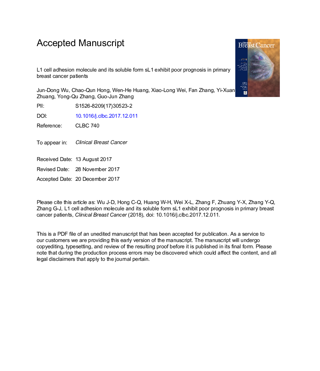 عکس صفحه اول مقاله: L1 Cell Adhesion Molecule and Its Soluble Form sL1 Exhibit Poor Prognosis in Primary Breast Cancer Patients L1 Cell Adhesion Molecule and Its Soluble Form sL1 Exhibit Poor Prognosis in Primary Breast Cancer Patients