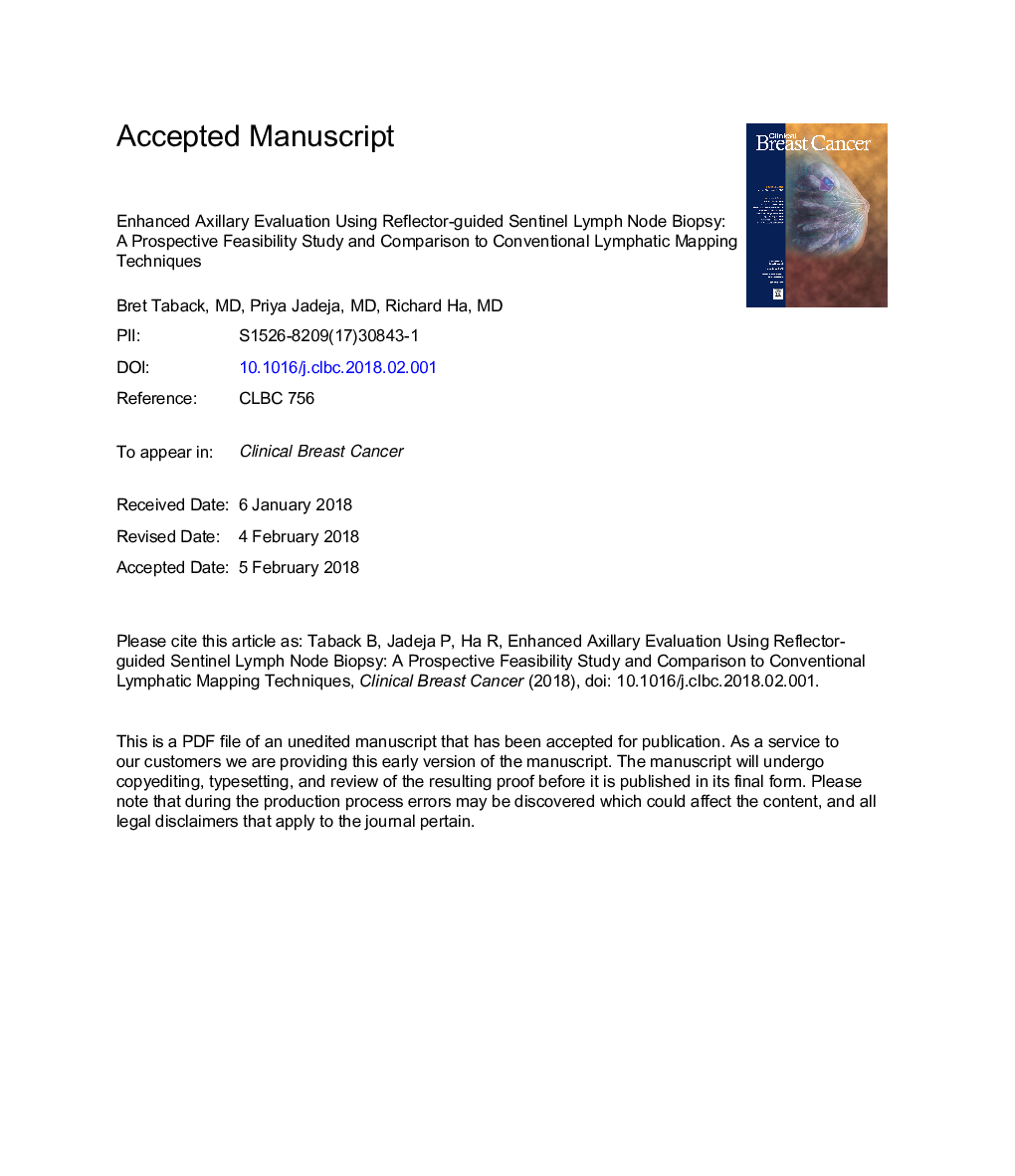 Enhanced Axillary Evaluation Using Reflector-Guided Sentinel Lymph Node Biopsy: AÂ Prospective Feasibility Study and ComparisonÂ With Conventional Lymphatic Mapping Techniques