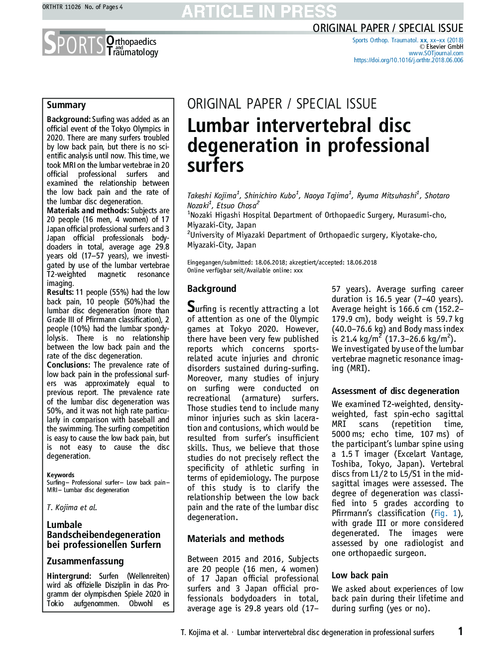 Lumbar intervertebral disc degeneration in professional surfers