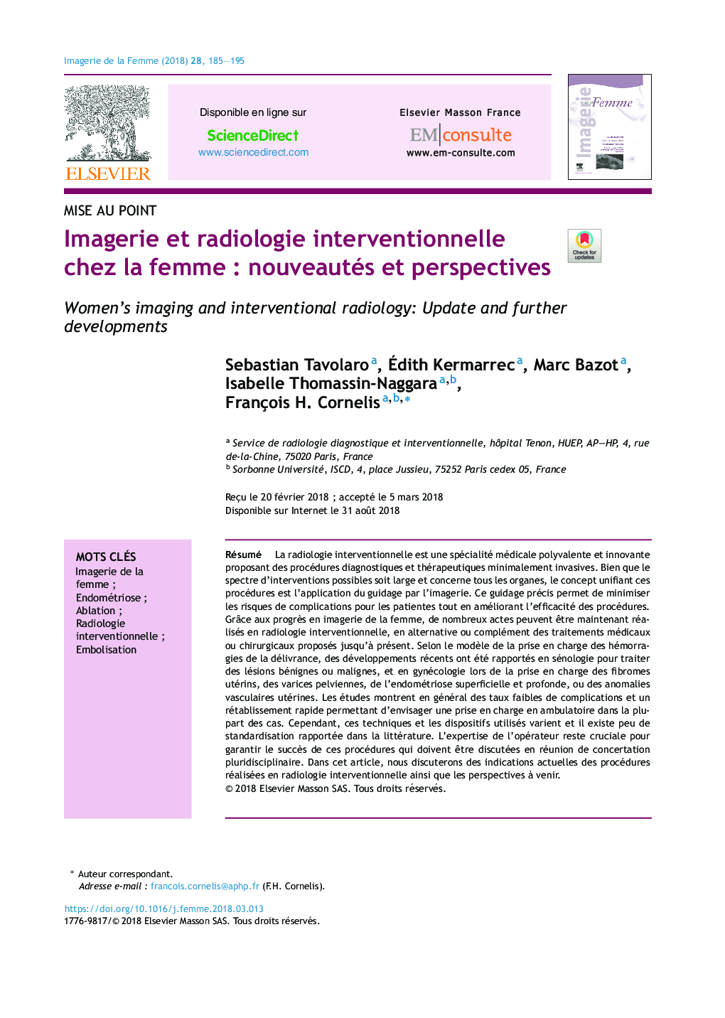 عکس صفحه اول مقاله: Imagerie et radiologie interventionnelle chez la femme : nouveautés et perspectives Imagerie et radiologie interventionnelle chez la femme : nouveautés et perspectives