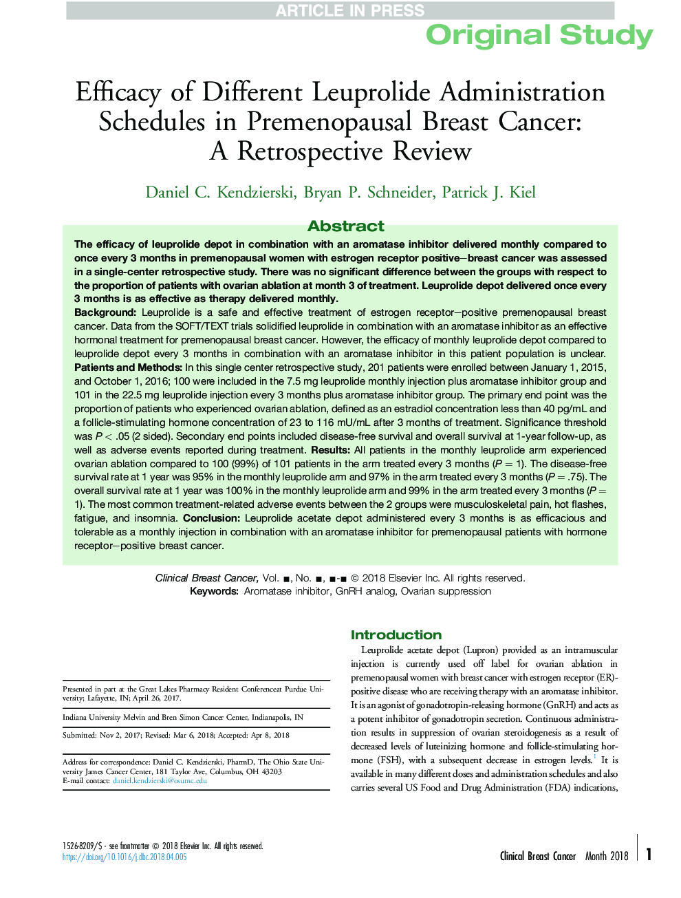 Efficacy of Different Leuprolide Administration Schedules in Premenopausal Breast Cancer: AÂ Retrospective Review