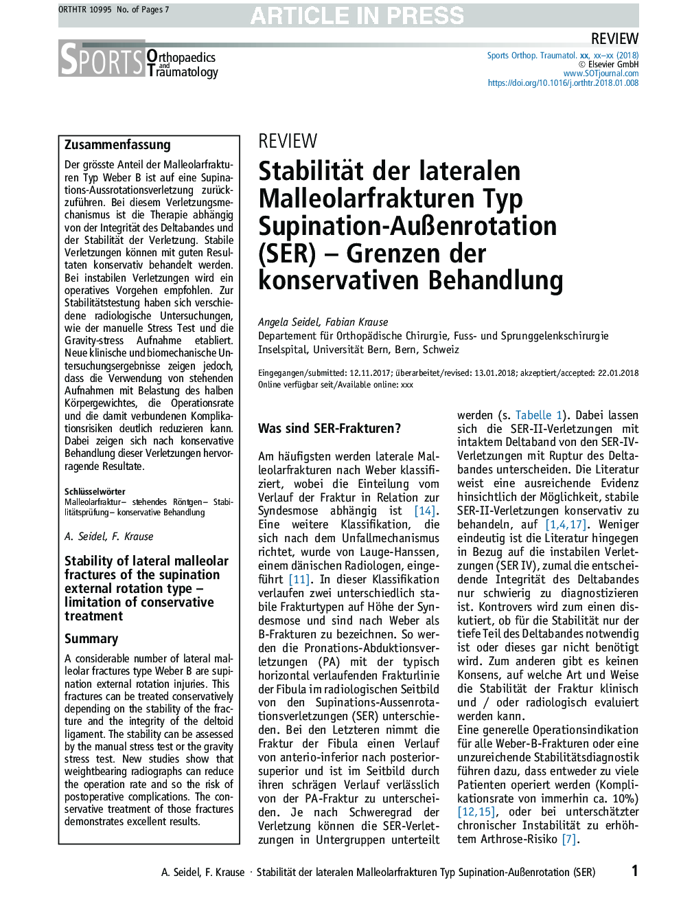 Stabilität der lateralen Malleolarfrakturen Typ Supination-AuÃenrotation (SER) - Grenzen der konservativen Behandlung