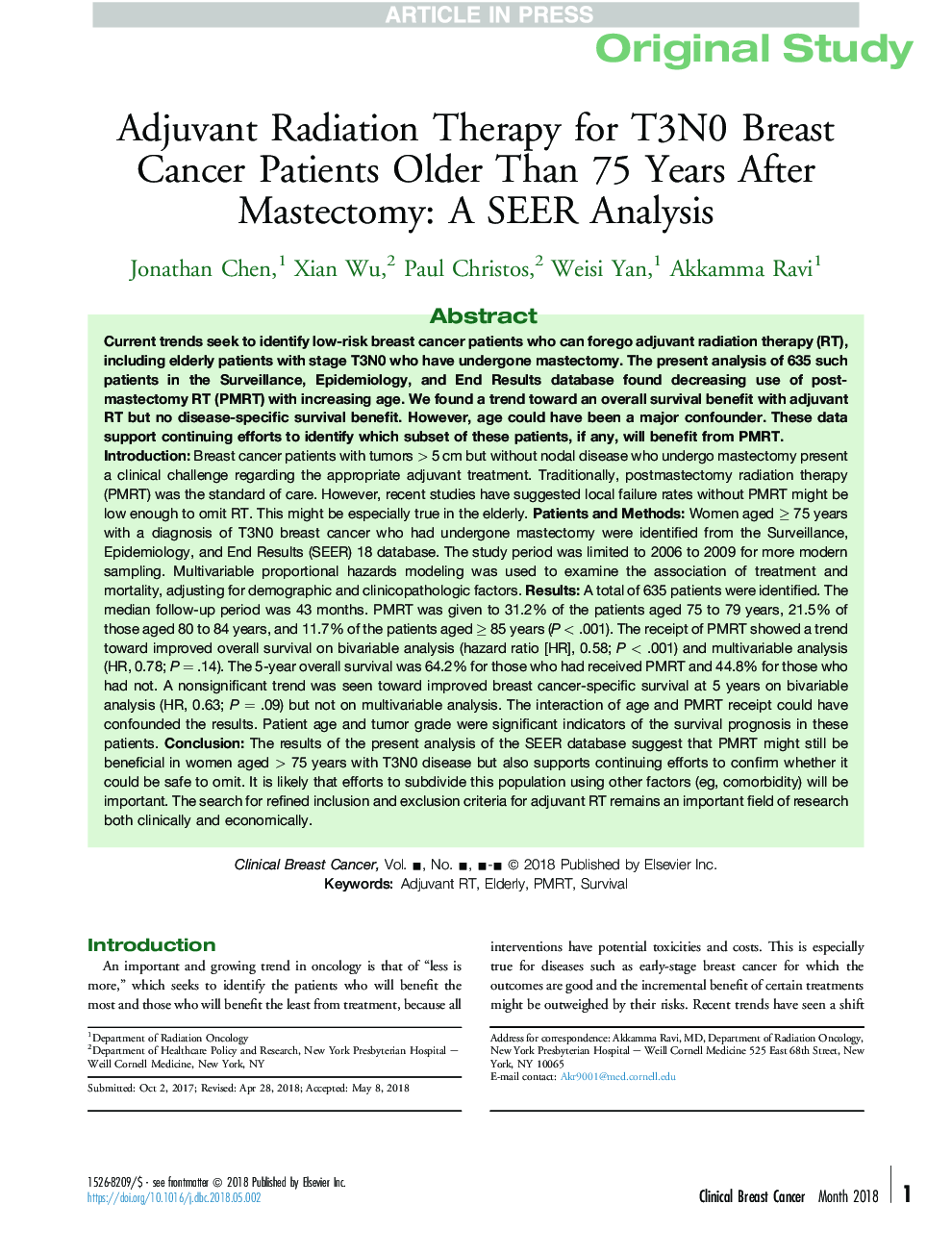 Adjuvant Radiation Therapy for T3N0 Breast Cancer Patients Older Than 75 Years After Mastectomy: A SEER Analysis