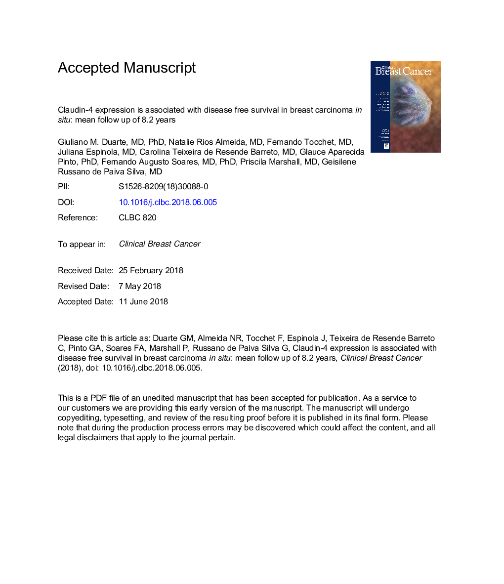 Claudin-4 Expression Is Associated With Disease-Free Survival in Breast Carcinoma-in-Situ: Mean Follow-up of 8.2 Years