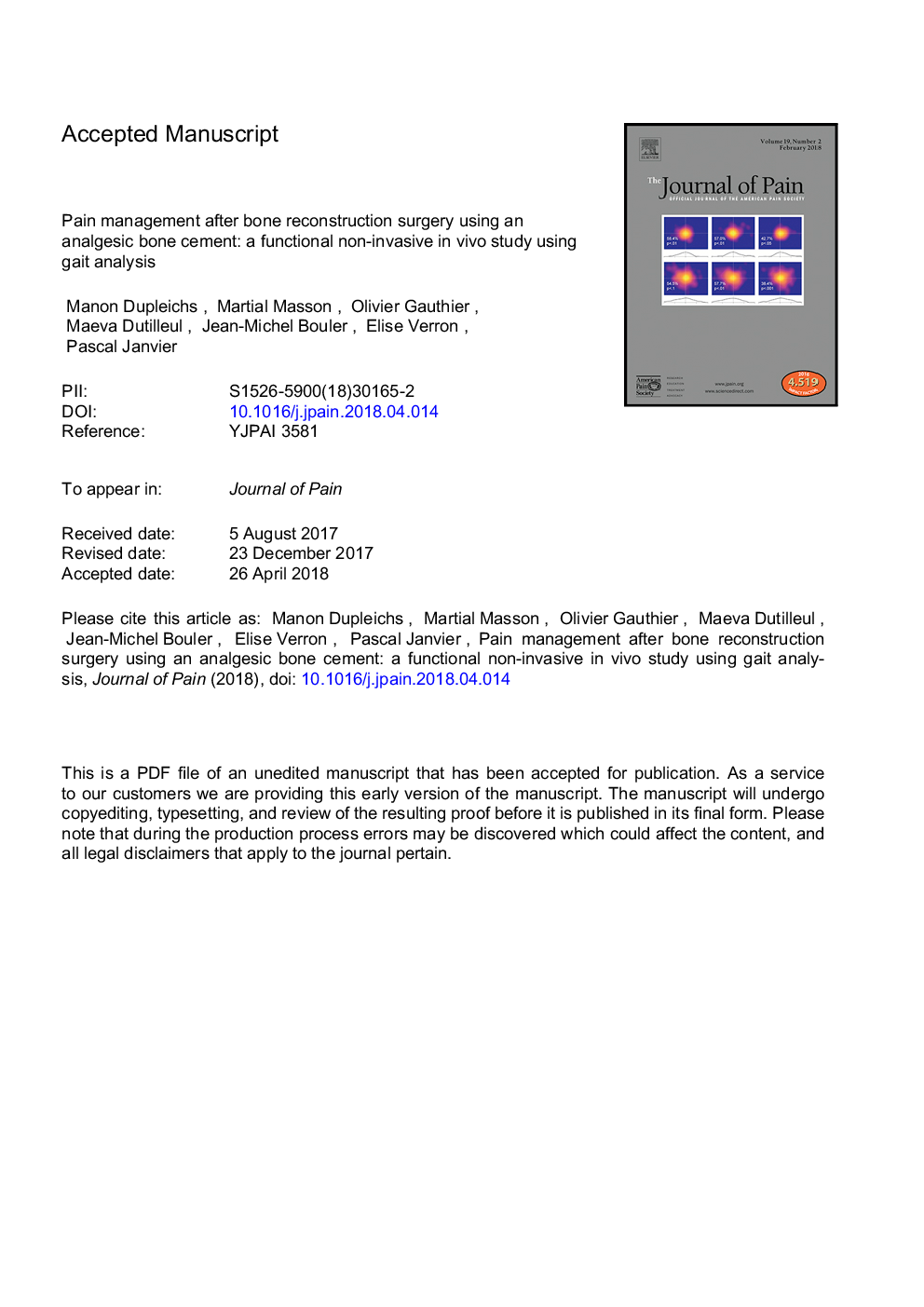 Pain Management After Bone Reconstruction Surgery Using an Analgesic Bone Cement: A Functional Noninvasive In Vivo Study Using Gait Analysis