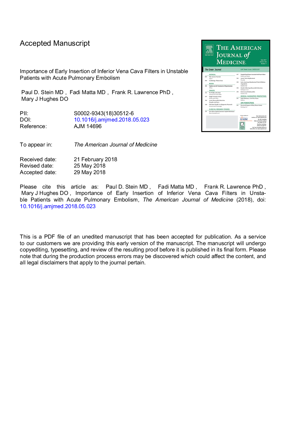 Importance of Early Insertion of Inferior Vena Cava Filters in Unstable Patients with Acute Pulmonary Embolism