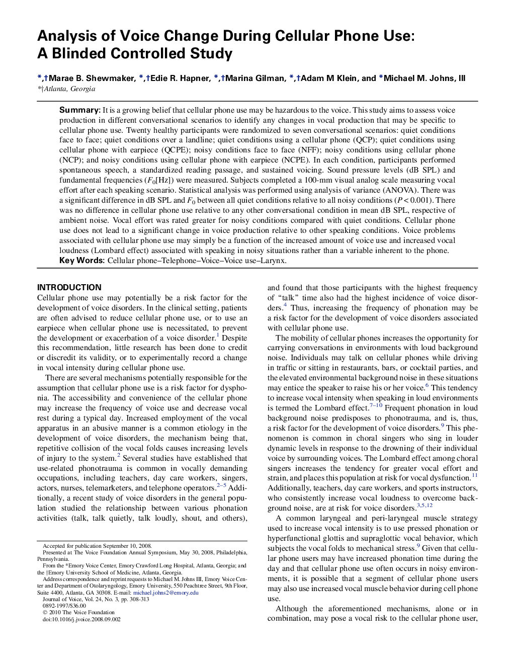 Analysis of Voice Change During Cellular Phone Use: A Blinded Controlled Study