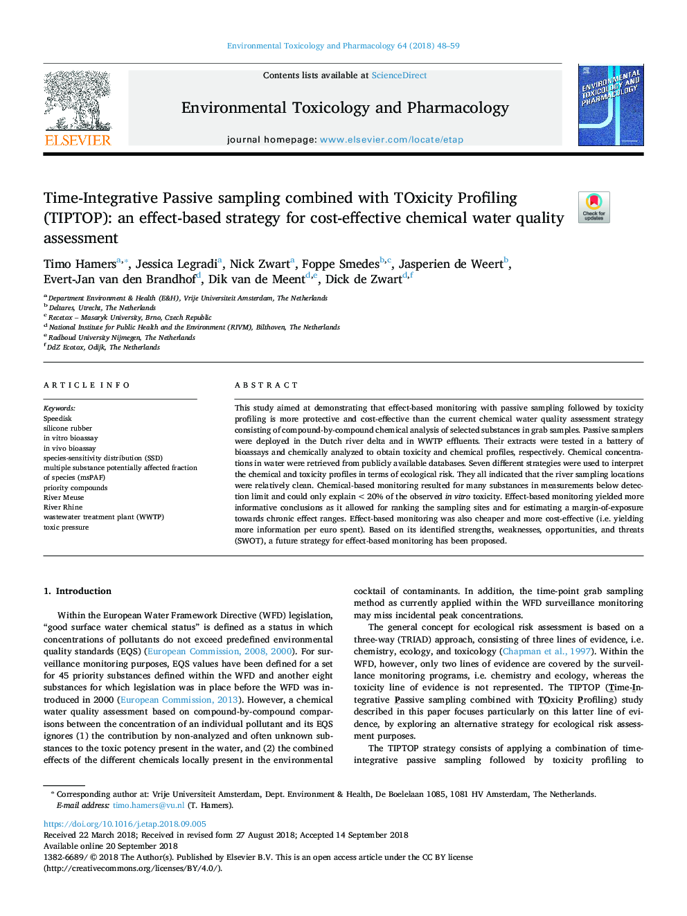 Time-Integrative Passive sampling combined with TOxicity Profiling (TIPTOP): an effect-based strategy for cost-effective chemical water quality assessment