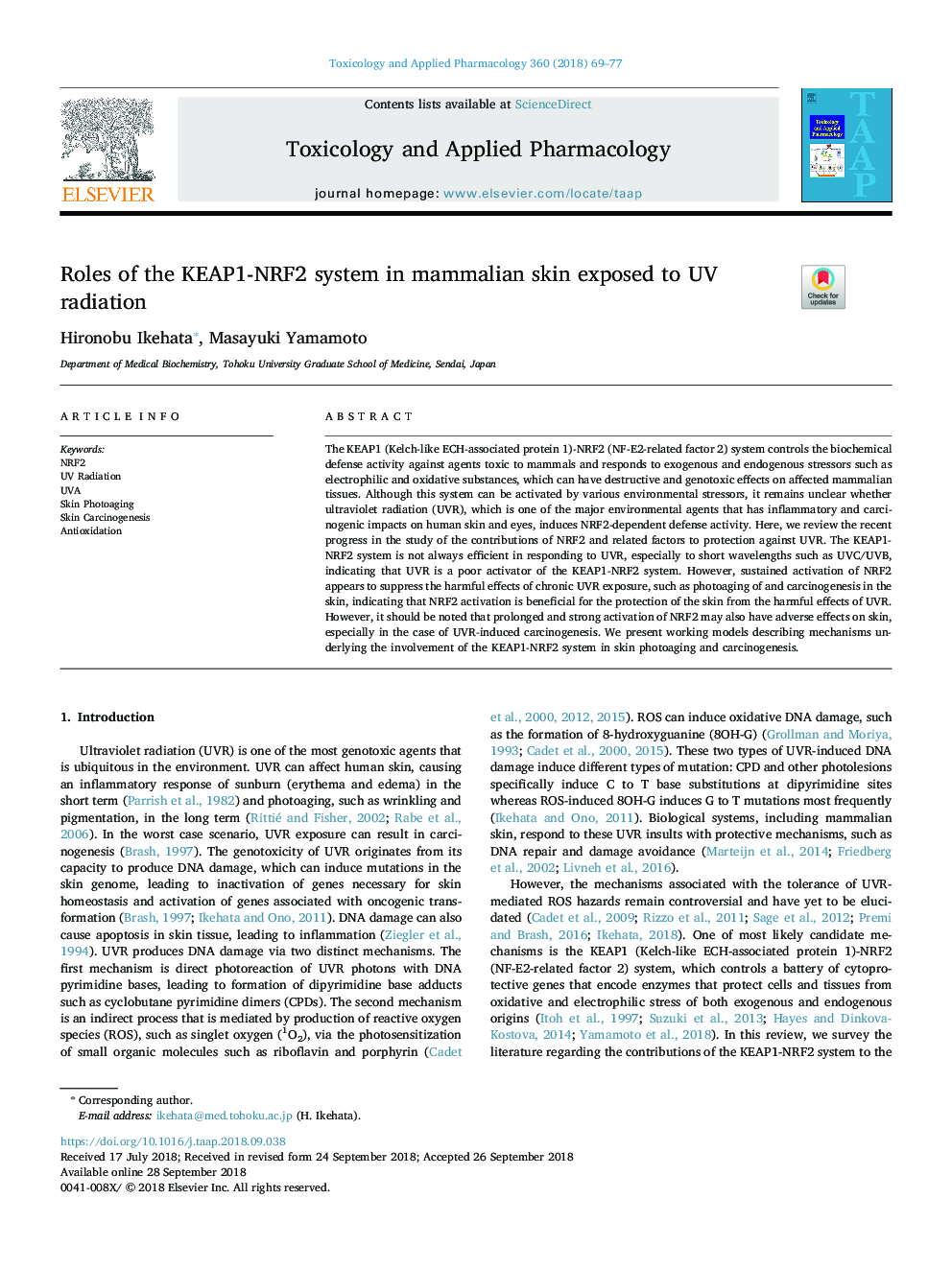 Roles of the KEAP1-NRF2 system in mammalian skin exposed to UV radiation