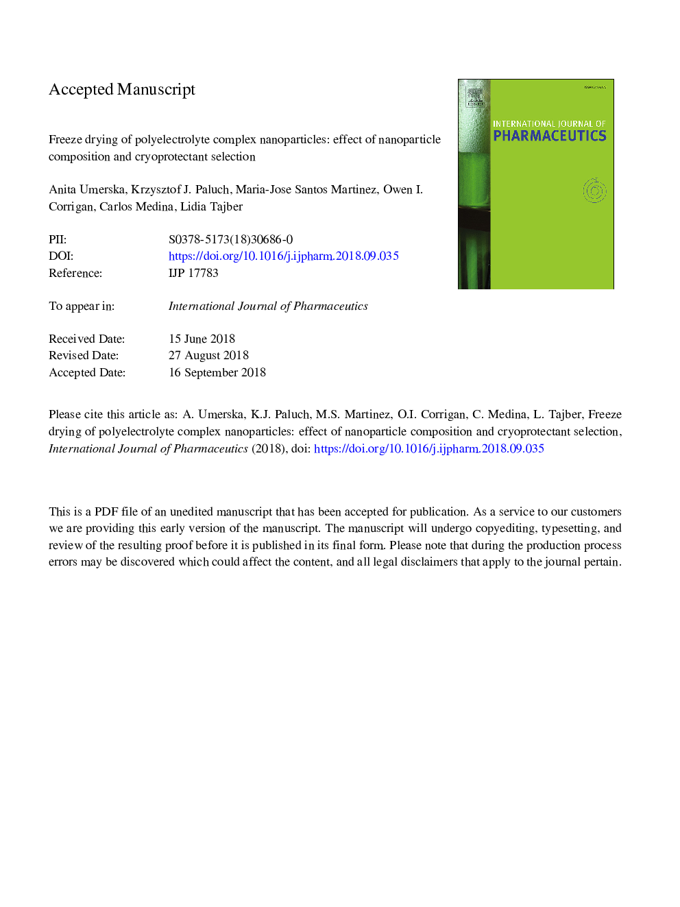 Freeze drying of polyelectrolyte complex nanoparticles: Effect of nanoparticle composition and cryoprotectant selection