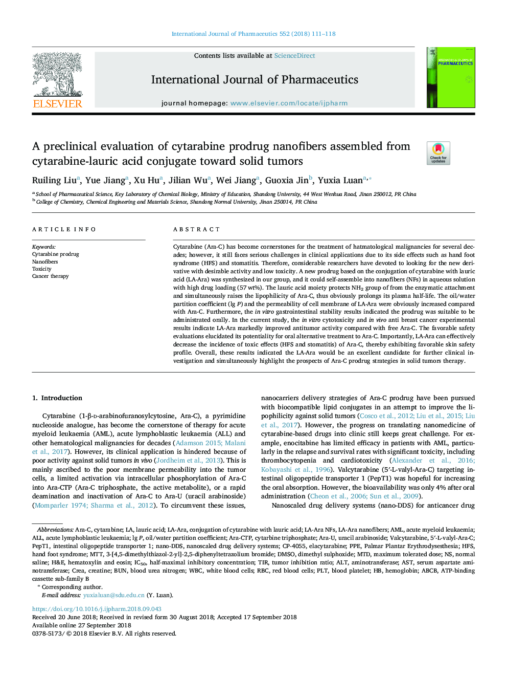 A preclinical evaluation of cytarabine prodrug nanofibers assembled from cytarabine-lauric acid conjugate toward solid tumors