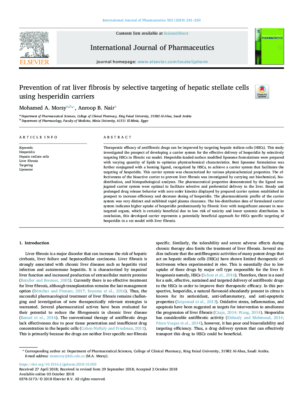 Prevention of rat liver fibrosis by selective targeting of hepatic stellate cells using hesperidin carriers