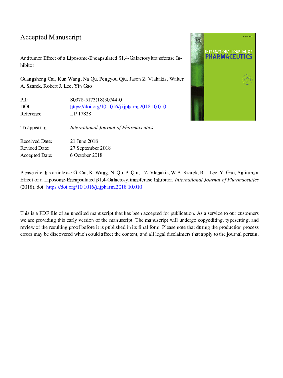 Antitumor effect of a liposome-encapsulated Î²1,4-galactosyltransferase inhibitor