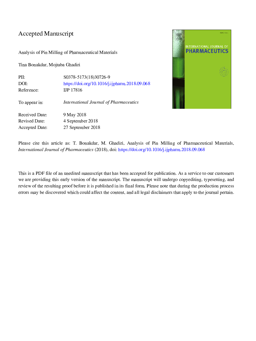 Analysis of pin milling of pharmaceutical materials