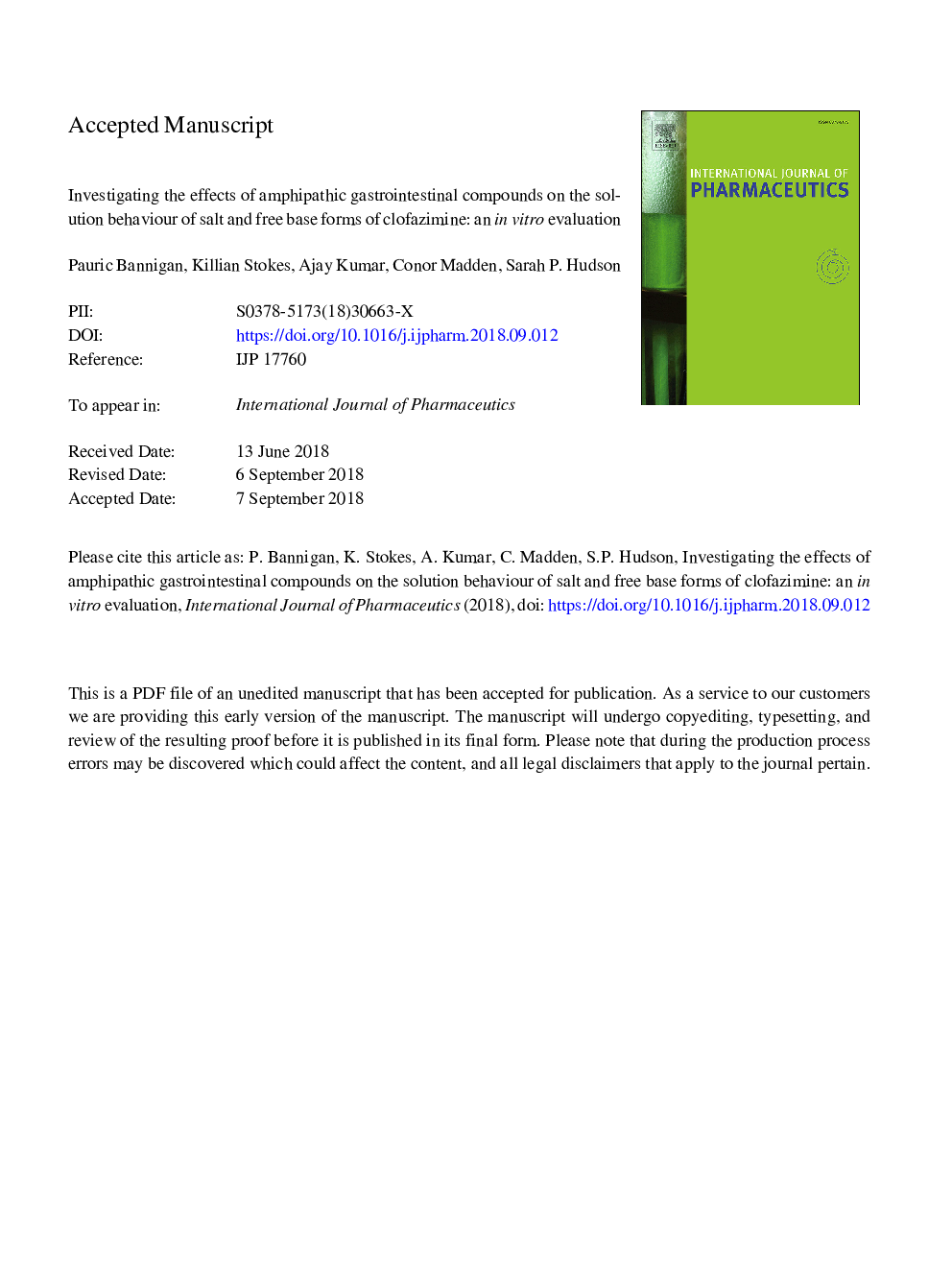 Investigating the effects of amphipathic gastrointestinal compounds on the solution behaviour of salt and free base forms of clofazimine: An in vitro evaluation