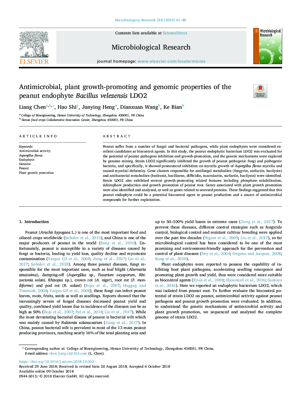 Antimicrobial, plant growth-promoting and genomic properties of the peanut endophyte Bacillus velezensis LDO2