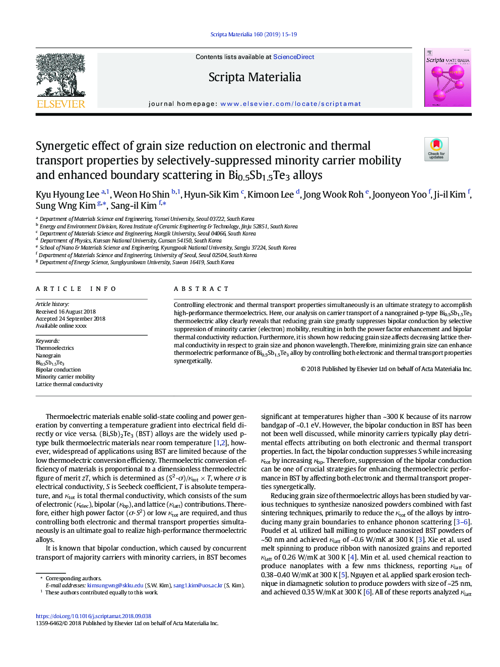 Synergetic effect of grain size reduction on electronic and thermal transport properties by selectively-suppressed minority carrier mobility and enhanced boundary scattering in Bi0.5Sb1.5Te3 alloys