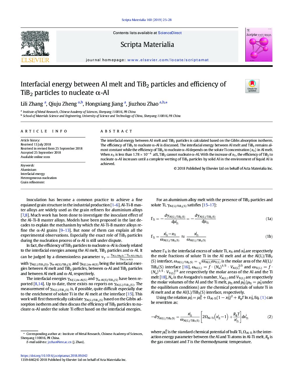 Interfacial energy between Al melt and TiB2 particles and efficiency of TiB2 particles to nucleate Î±-Al