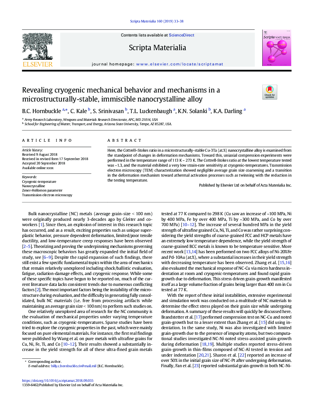 Revealing cryogenic mechanical behavior and mechanisms in a microstructurally-stable, immiscible nanocrystalline alloy