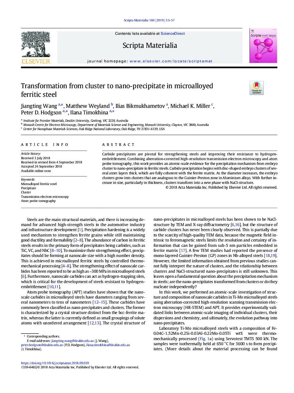 Transformation from cluster to nano-precipitate in microalloyed ferritic steel