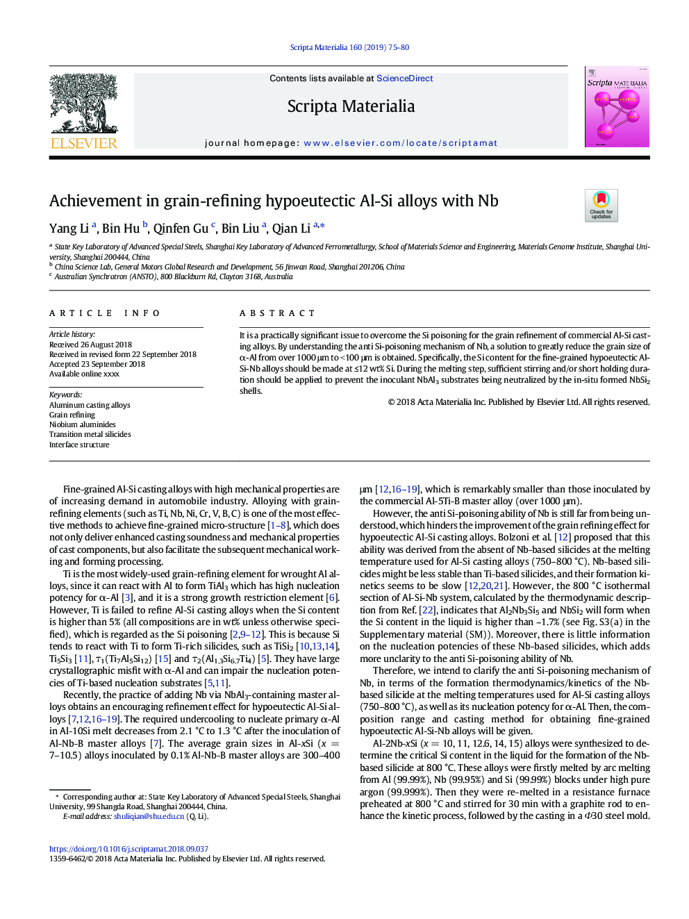 Achievement in grain-refining hypoeutectic Al-Si alloys with Nb