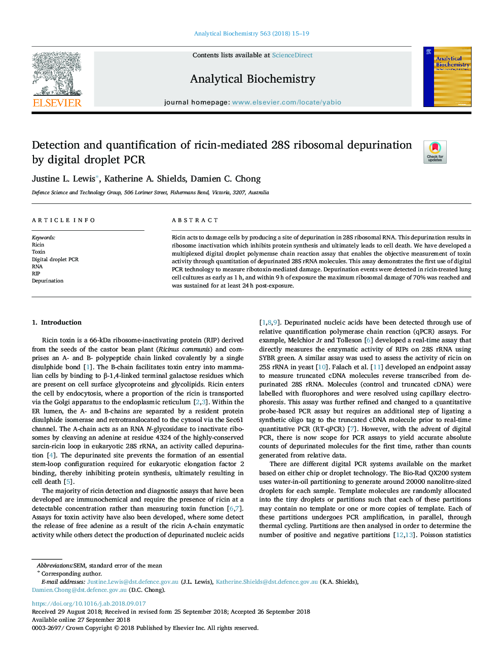 Detection and quantification of ricin-mediated 28S ribosomal depurination by digital droplet PCR